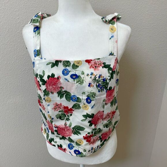Old Navy Fitted Tie Multi Floral Top Size Large - Picture 1 of 6